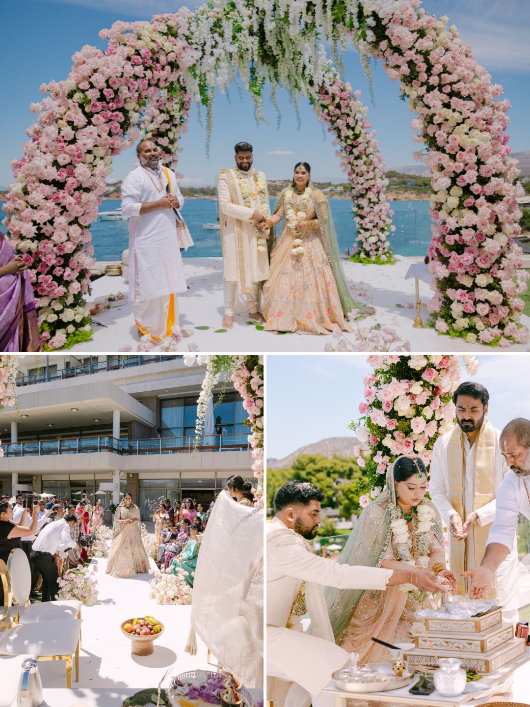 A couple participates in an outdoor wedding ceremony under a floral arch, with guests seated nearby and traditional rituals being performed.