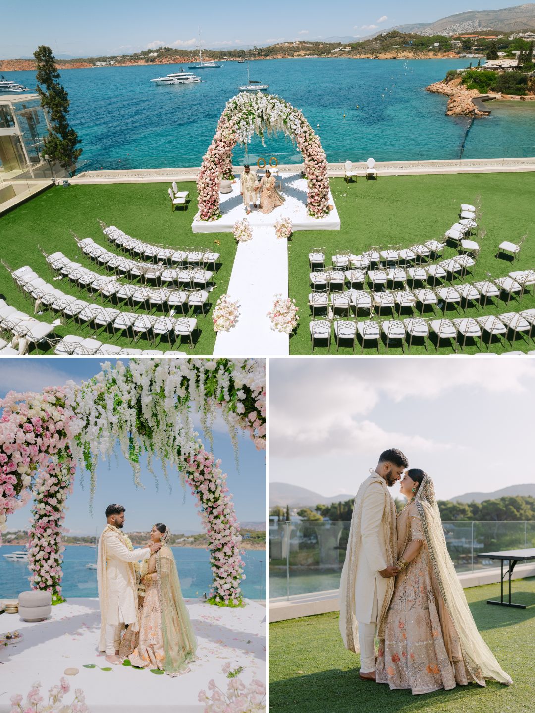 Collage of an outdoor wedding by the sea: top image shows a floral arch and seating setup; bottom images show a couple in traditional attire during the ceremony and embracing by the water.