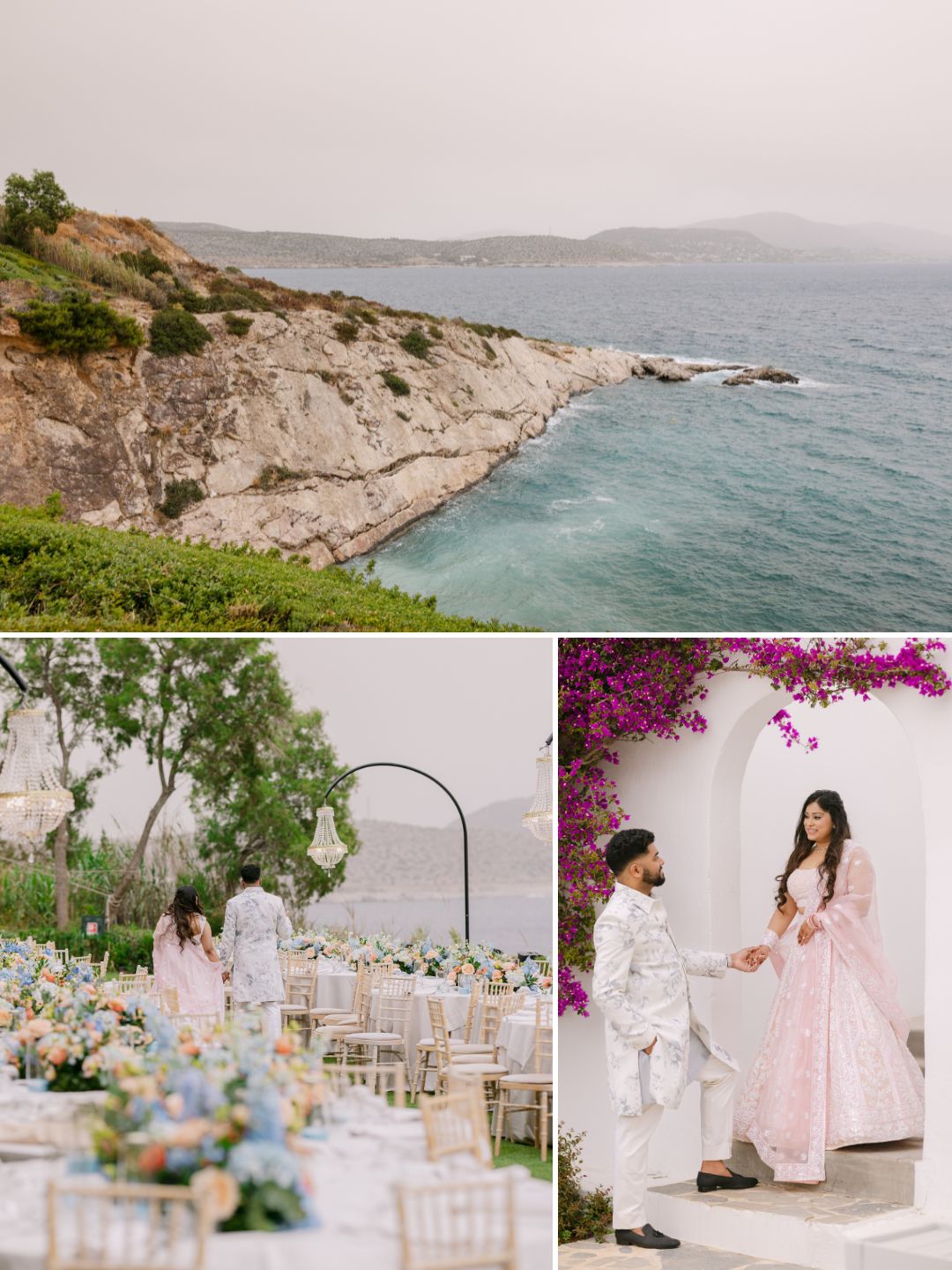 A coastal cliff overlooks the sea; below, a decorated outdoor dining area; a couple in pastel outfits pose and walk together by floral arrangements and white architecture.