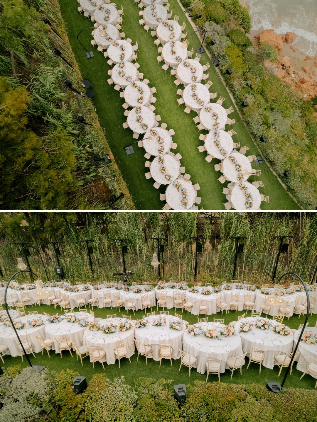Two aerial views show long banquet tables arranged in a winding pattern on a grassy outdoor area, surrounded by greenery and trees.