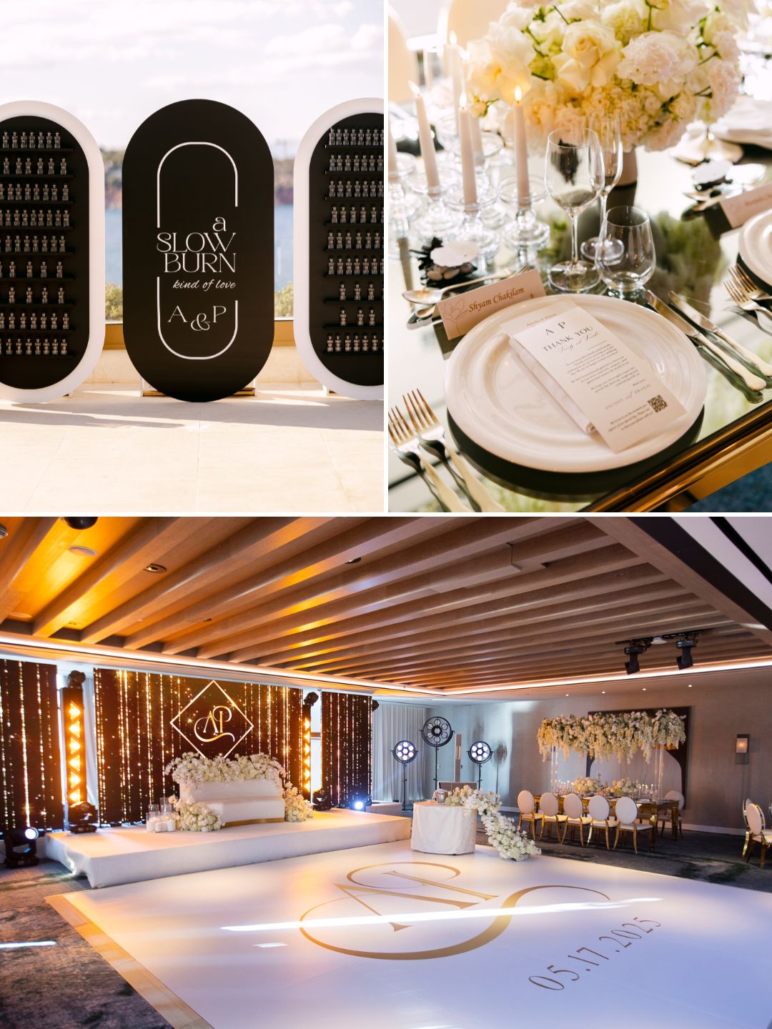 A collage showing a wedding seating chart display, an elegant table setting with flowers and menu, and a decorated dance floor in a reception hall.