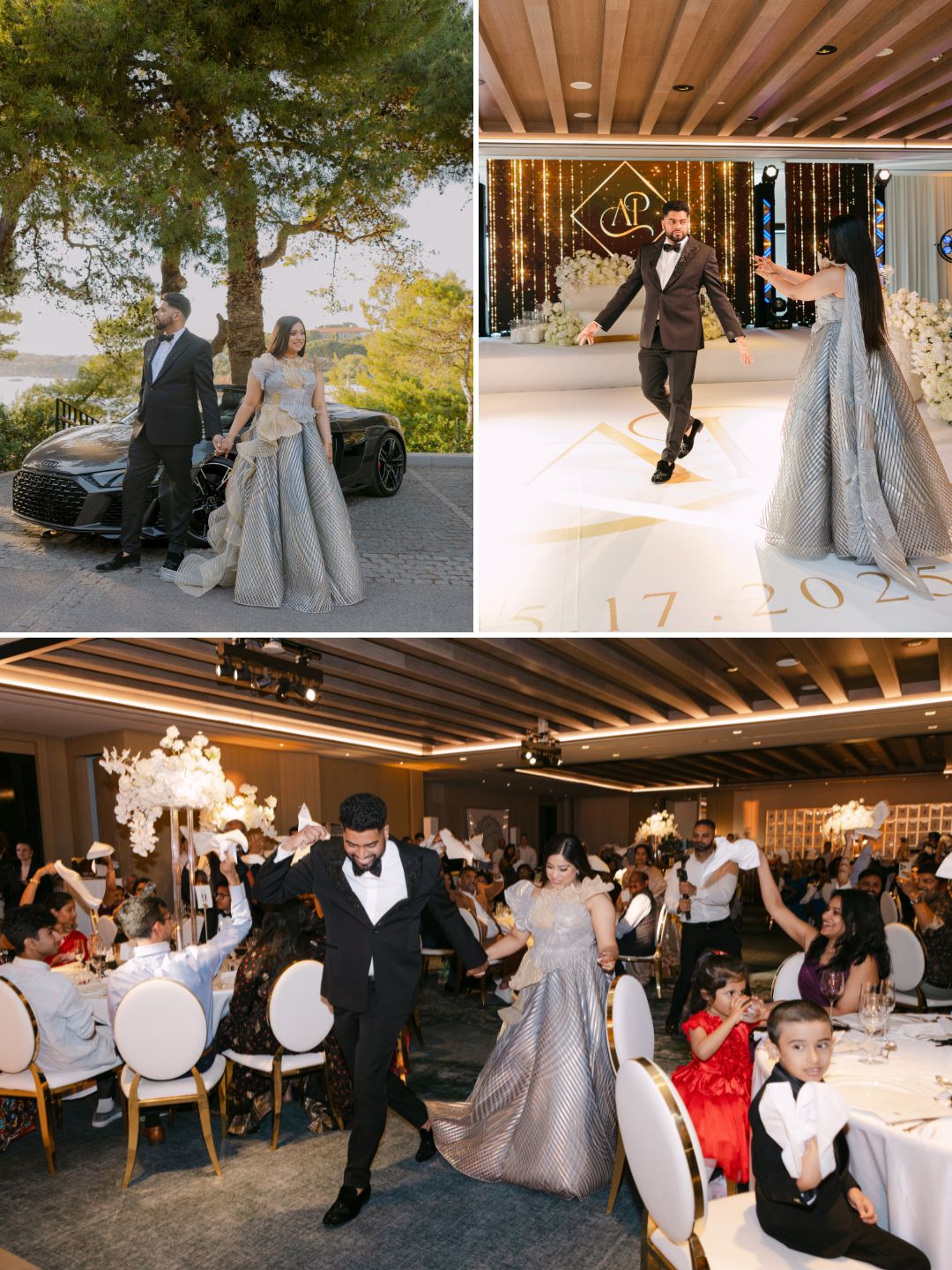 A couple in formal attire arrives outside, then dances together inside a decorated venue, and is later seen celebrating with guests at a reception with white flowers and elegant table settings.