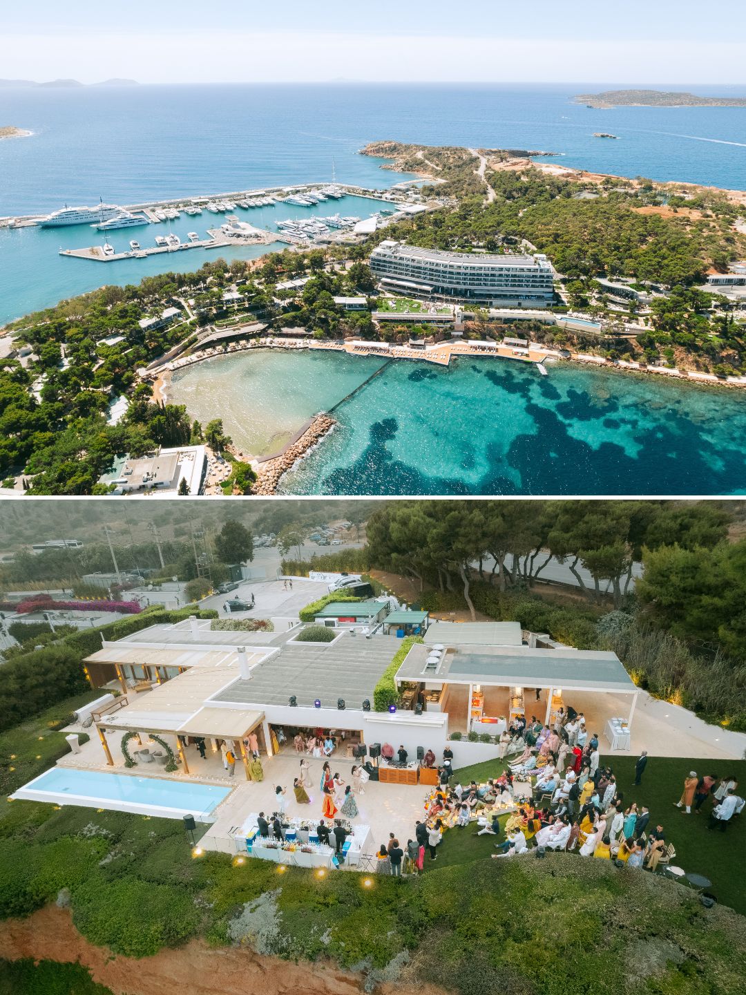 Aerial view of a coastal resort with a marina and a modern villa hosting an outdoor event with guests gathered on the lawn.