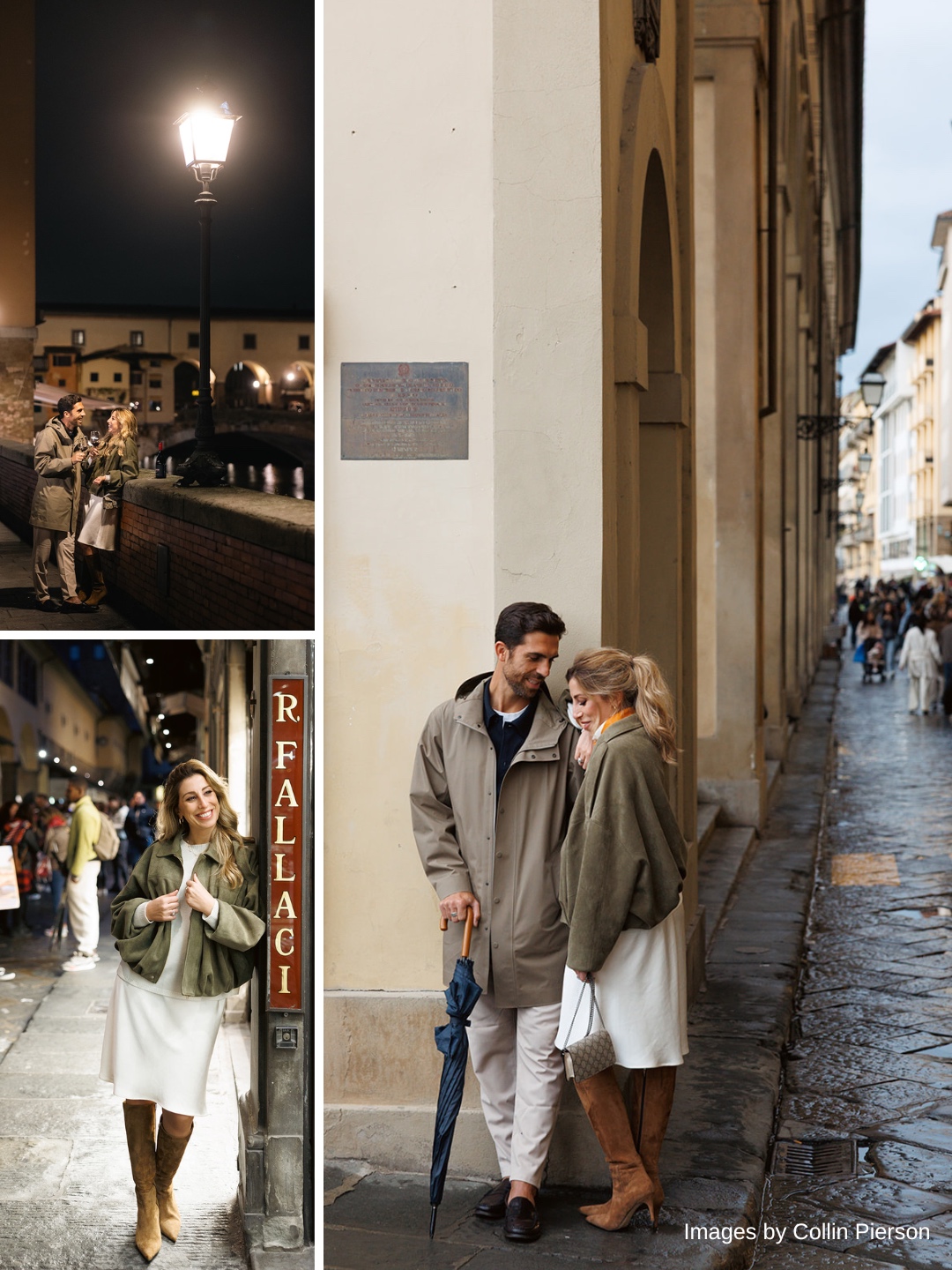 A couple stands closely together on a city sidewalk during the day; nearby images show the woman walking at night and a street scene with people under a streetlamp.