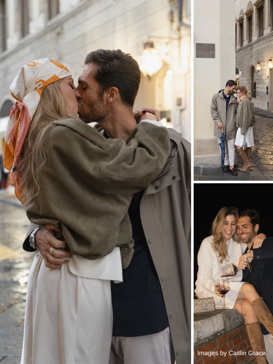 A couple embraces and kisses on a city street in two daytime photos and sits together smiling at night in a third photo.