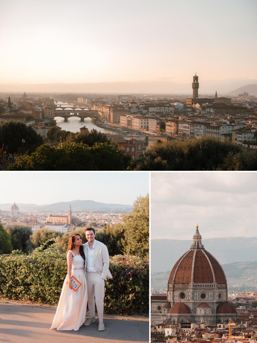 A panoramic view of Florence at sunset, a couple posing together outdoors, and a close-up of the Florence Cathedral dome.