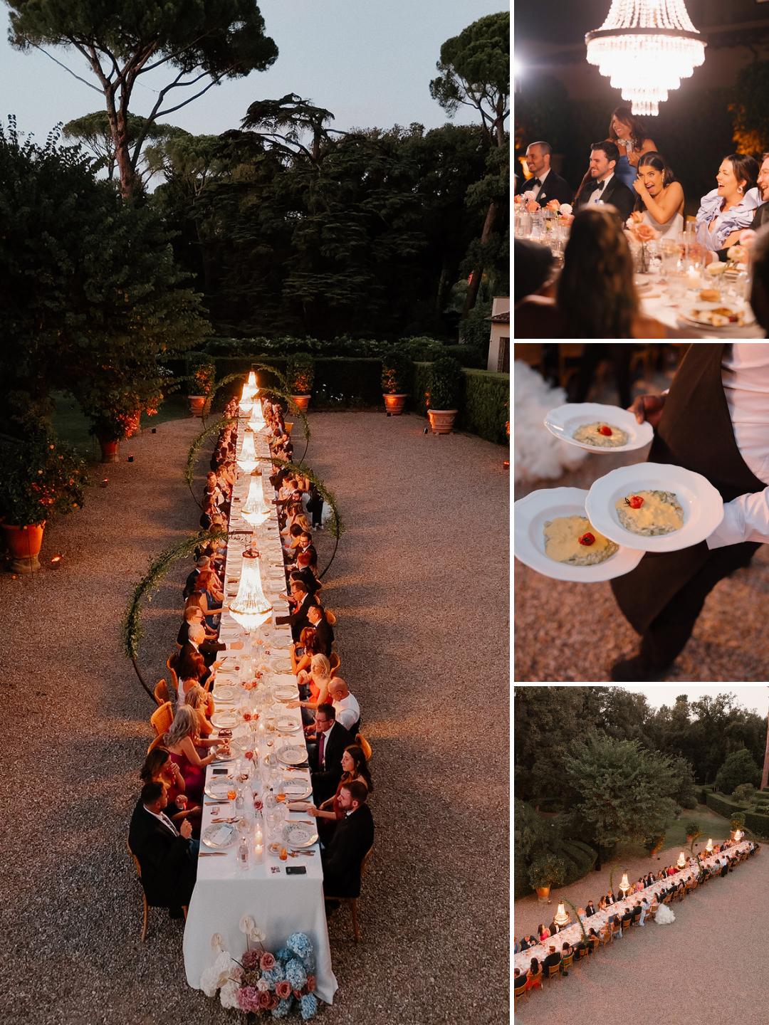 Long outdoor dining table set for a formal dinner with guests seated; inset images show plated appetizers, chandelier, and close-up of the dinner table scene.