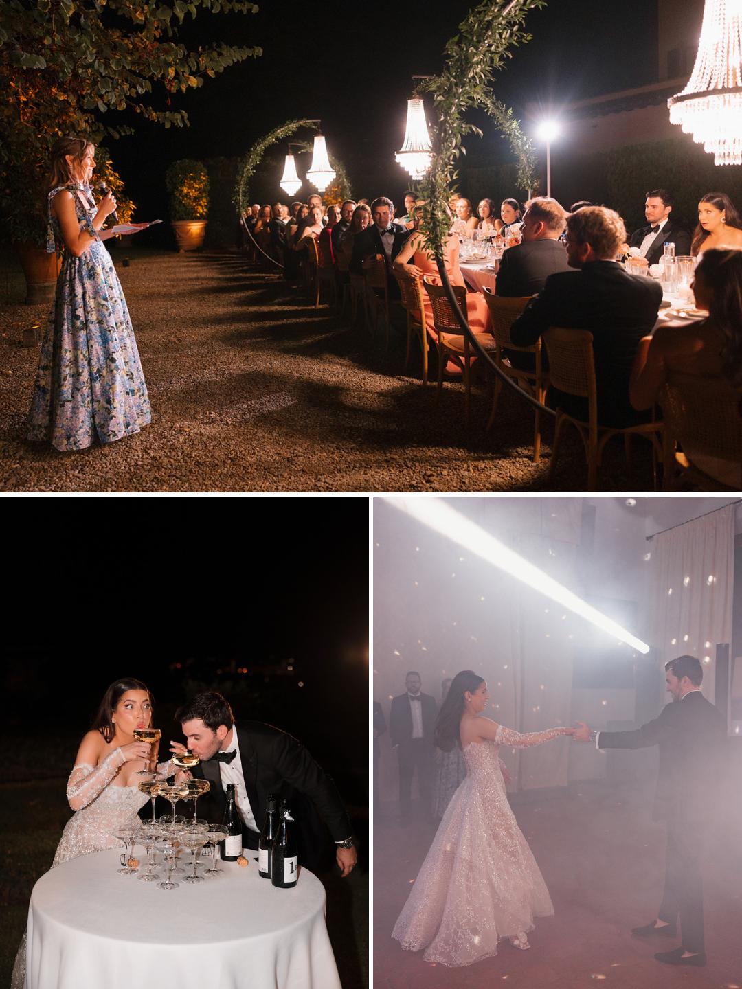 A formal outdoor dinner with guests seated at a long table, followed by a couple toasting with champagne and dancing in a smoke-filled venue.