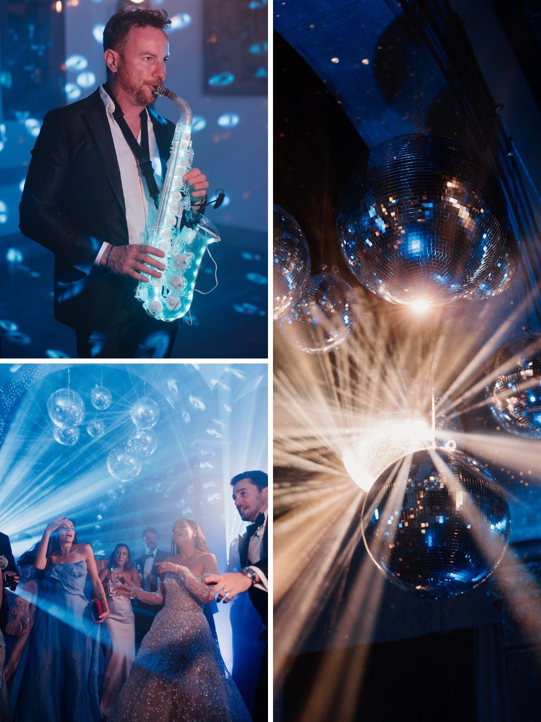 A man plays a saxophone with lights, people dance under blue lighting, and disco balls reflect beams of light.