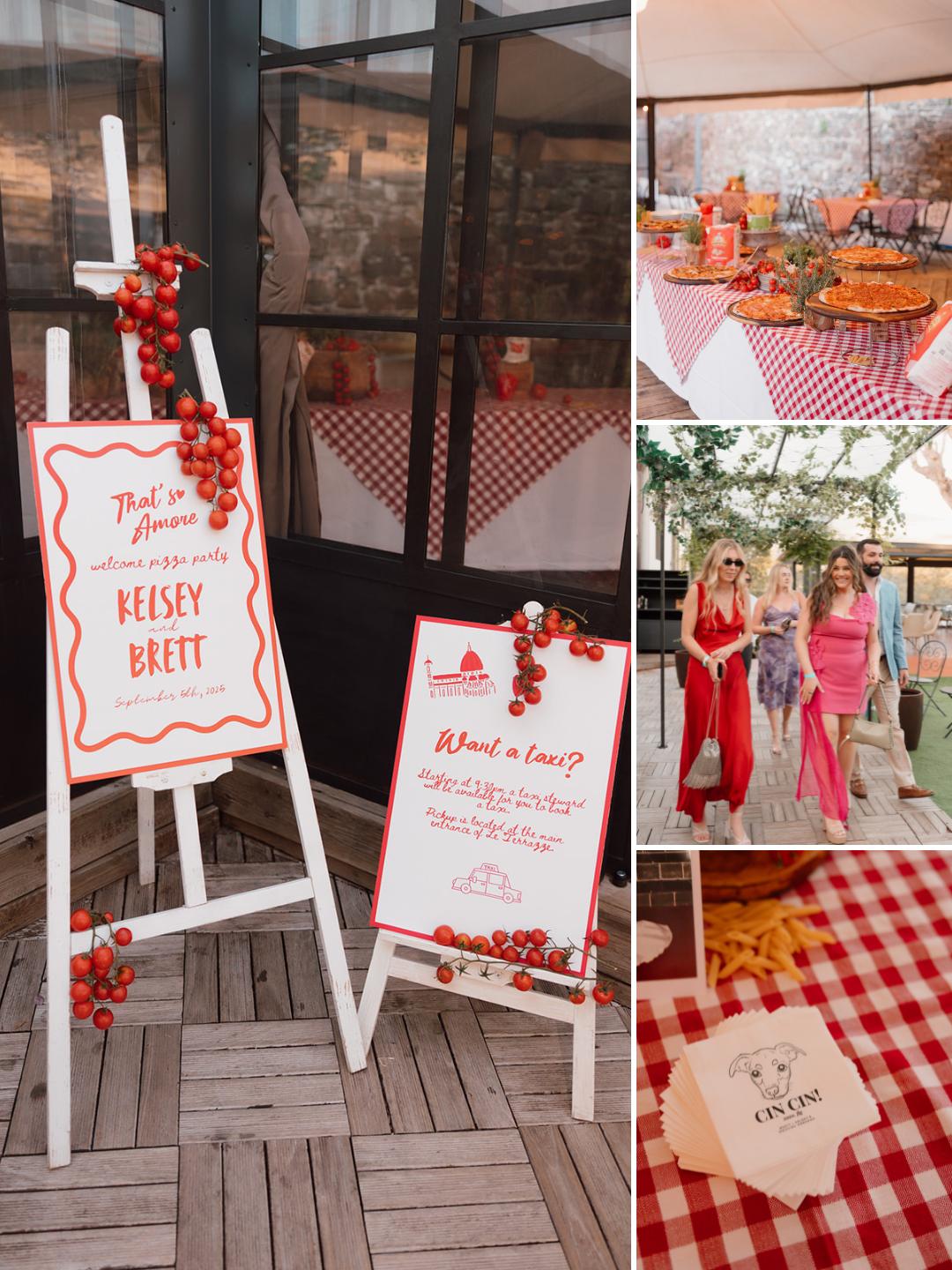 Easel signs with red tomatoes and event details, a table with Italian food, three women in colorful dresses, and custom napkins on a red-checkered cloth.
