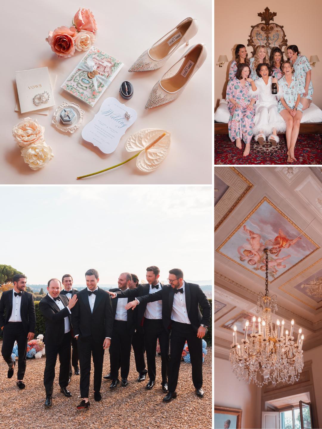 A collage of wedding details: bridal accessories, bridesmaids in robes, groomsmen in tuxedos, an ornate ceiling, and a chandelier in an elegant venue.