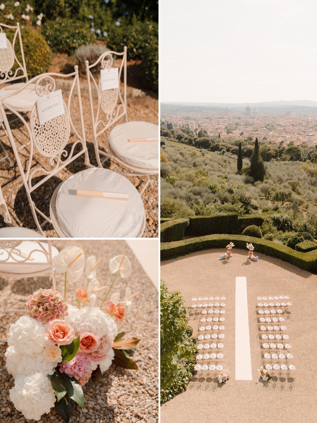 Collage of three images showing white chairs with programs, a bouquet of flowers, and an outdoor wedding ceremony setup overlooking a scenic landscape.