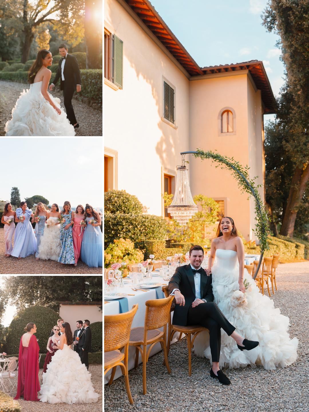 Bride in a white gown and groom in a suit celebrate outdoors with guests in formal attire at a garden wedding beside a large villa.