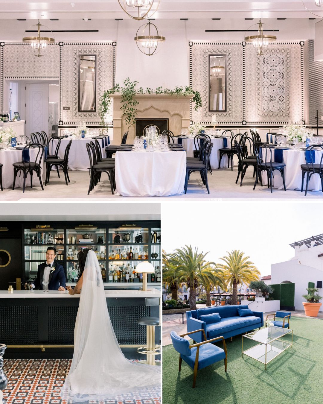 Collage of three images: an elegant banquet hall set for an event, a bride at a bar counter, and an outdoor lounge area with blue seating and palm trees.