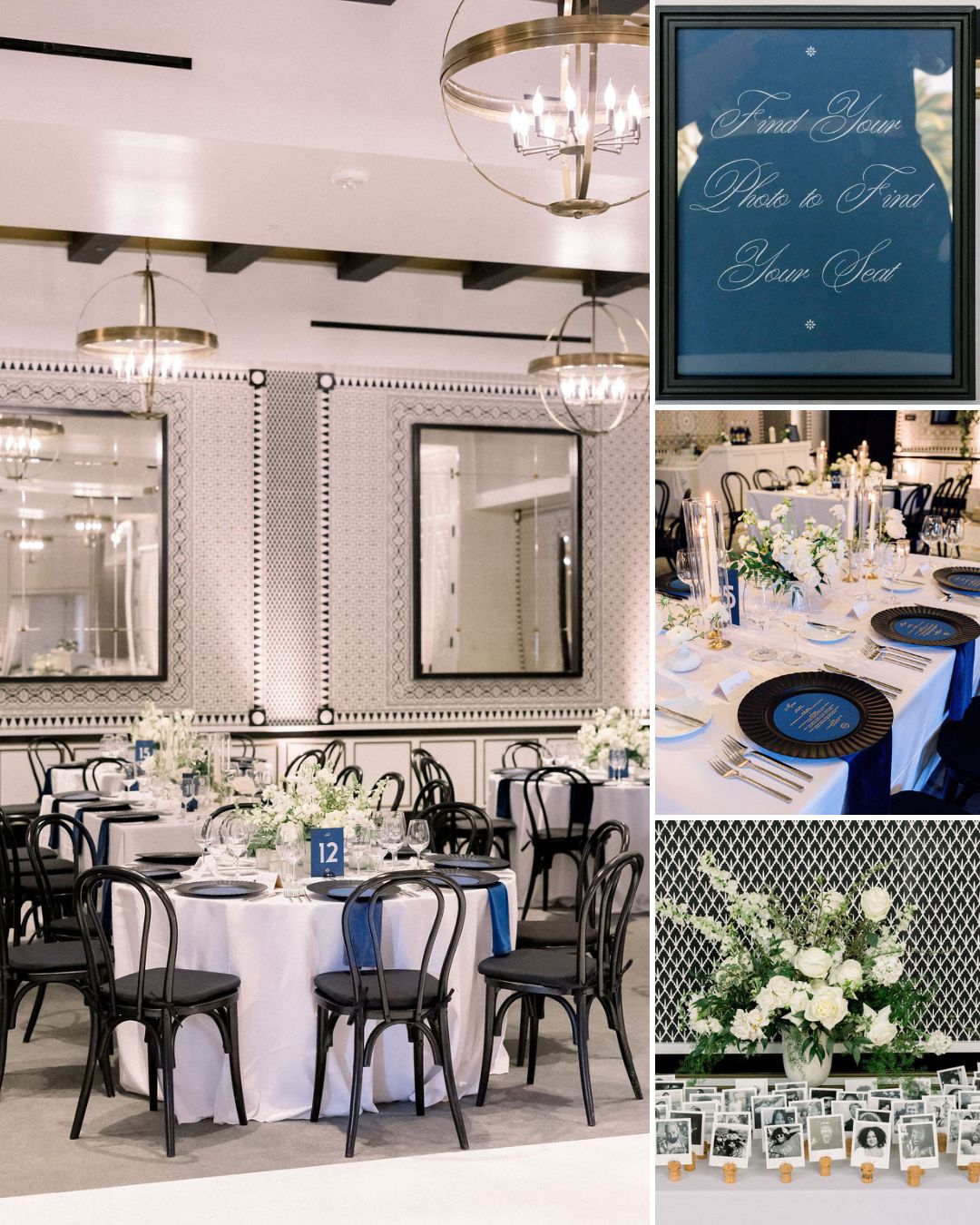 Elegant banquet room set for an event with round tables, black chairs, floral centerpieces, tableware, and a sign instructing guests to take their seat.