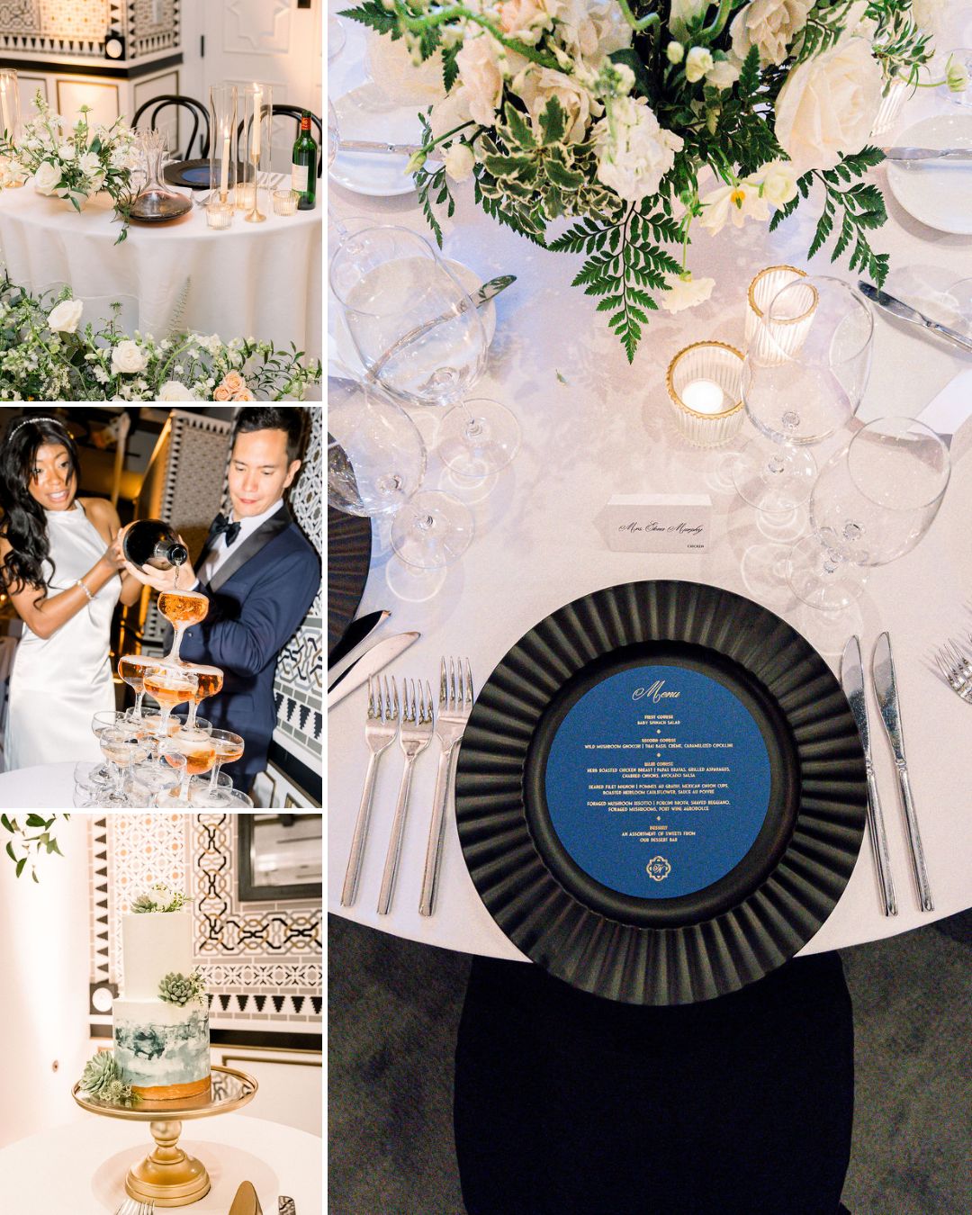 Collage of wedding scenes: a decorated dining table, bride and groom pouring champagne, a tiered wedding cake, and a close-up of an elegant place setting with a black charger and blue menu.