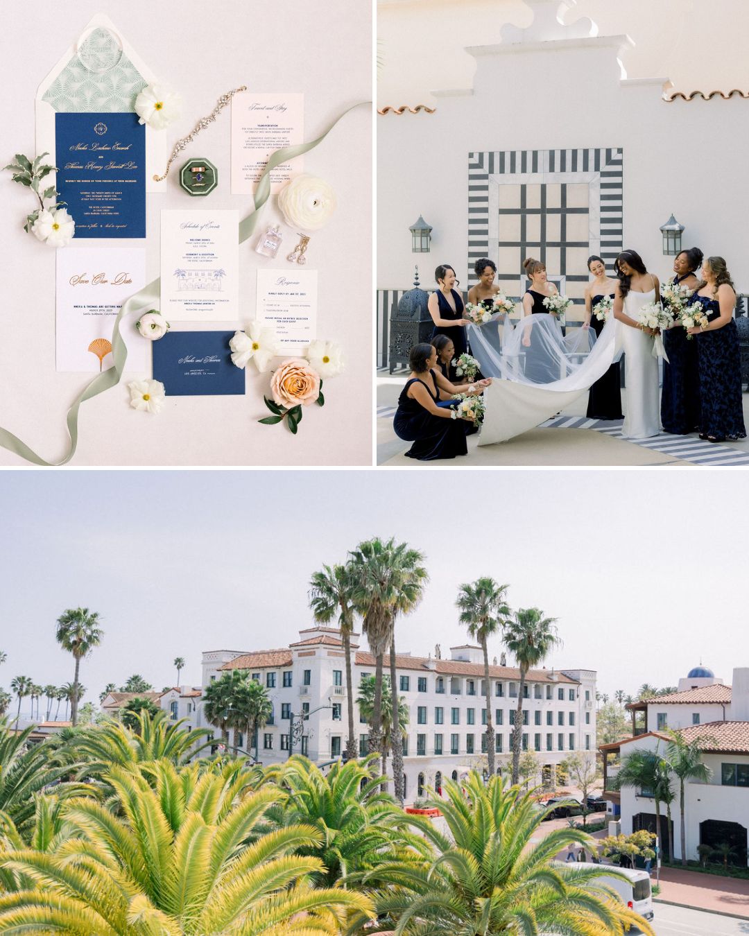 A wedding invitation suite, a bride with bridesmaids adjusting her dress, and an exterior view of a white building with palm trees in the foreground.