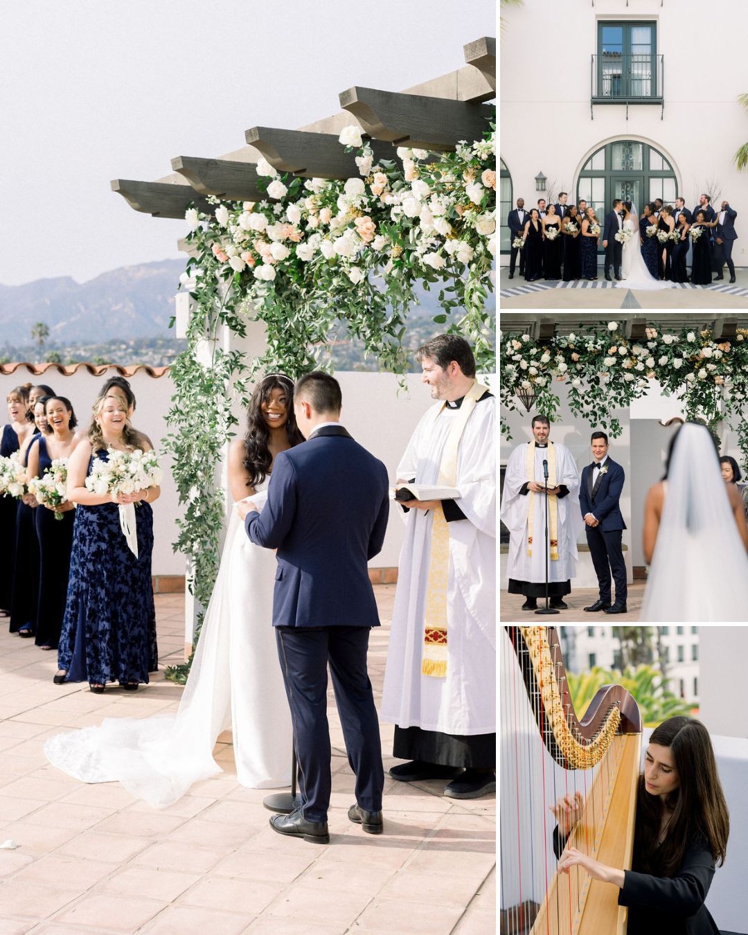 A wedding ceremony with a couple exchanging vows outdoors under a floral arch, bridesmaids in navy dresses, officiant, harpist, and a white building in the background.