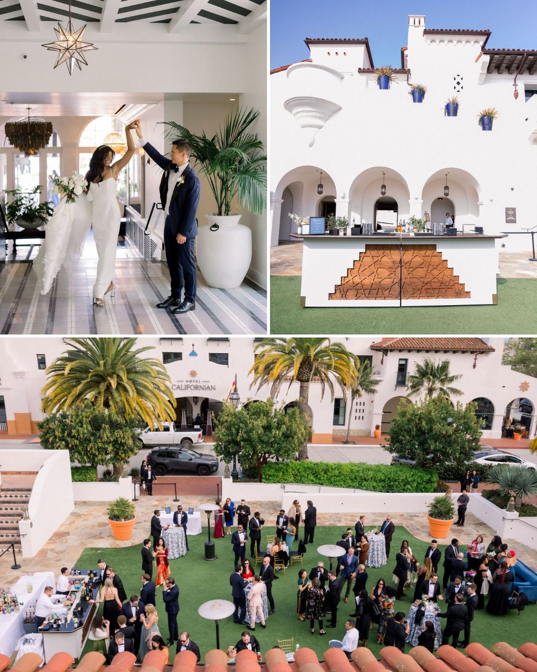 Collage shows a couple dancing indoors, an outdoor bar setup, and a crowd gathered in a courtyard at a formal event or celebration.