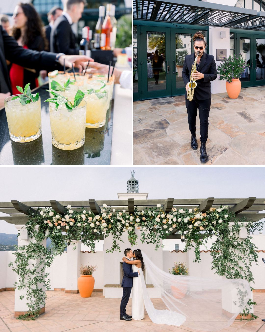 A collage shows cocktails being served, a musician playing a saxophone, and a couple embracing under a floral pergola at an outdoor event.