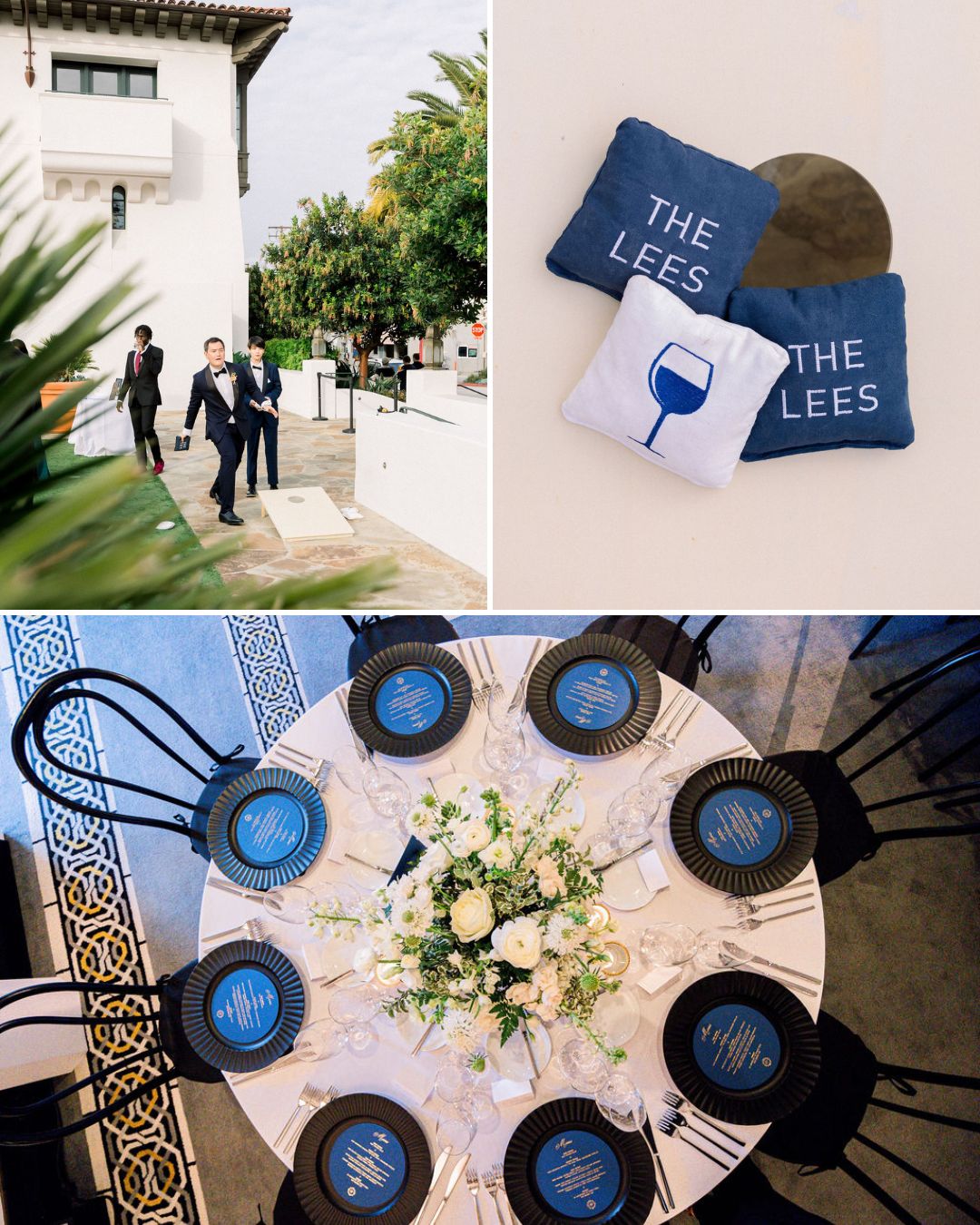 A collage shows people walking outside, two custom pillows with "THE LEES" and a wine glass graphic, and a round table set for an event with black plates and white floral centerpiece.