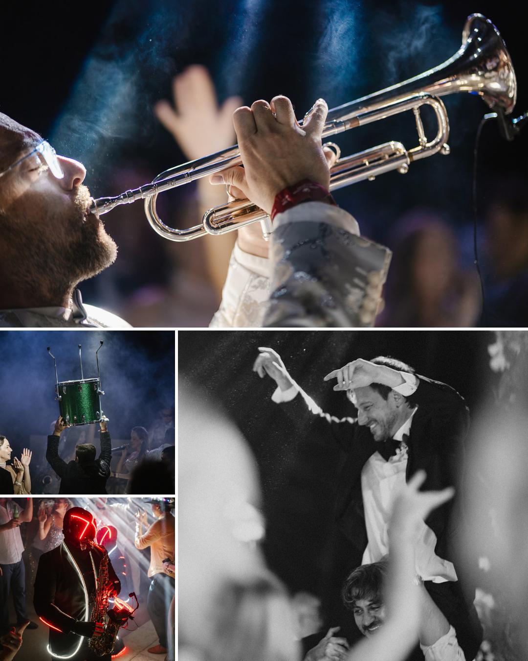 A collage shows a trumpet player performing, a person with a green drum, someone in red light-up gear, and a man in a suit being lifted by a crowd.
