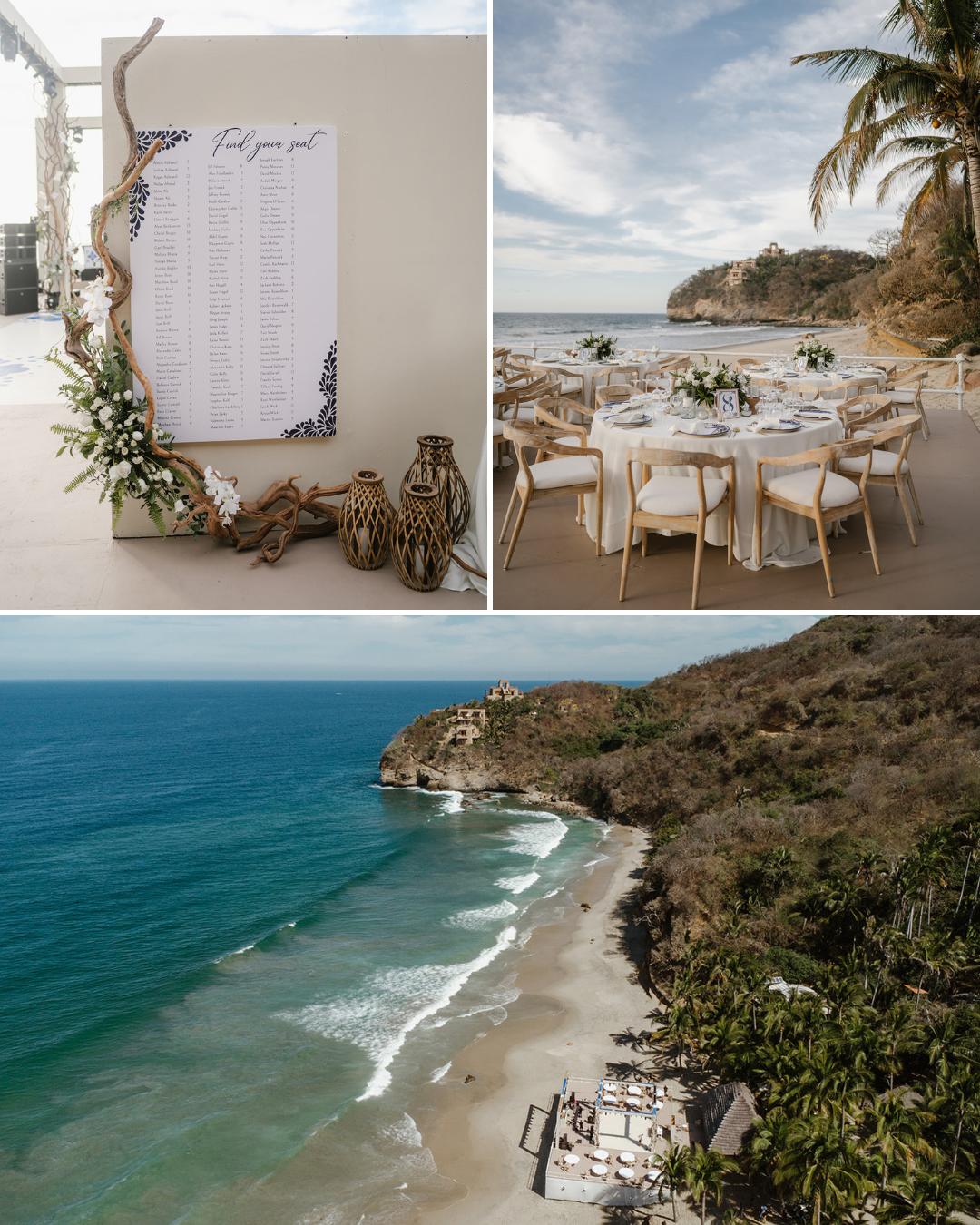 Collage showing a wedding seating chart, an outdoor table setup by the beach, and an aerial view of a coastal area with waves and rocky cliffs.