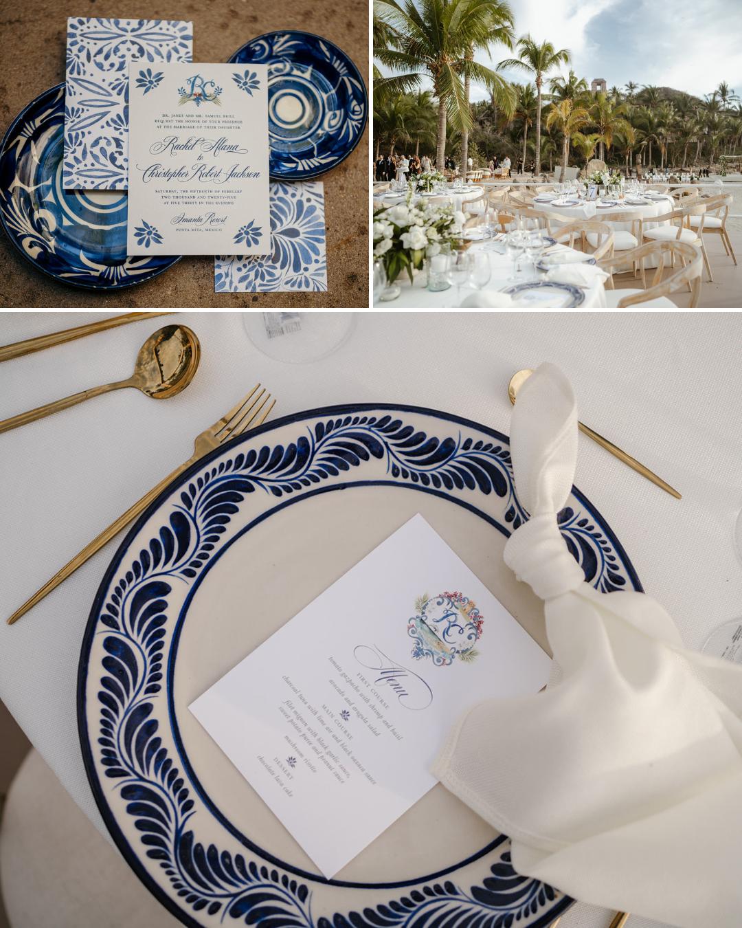 Wedding table setting with blue and white patterned plates, gold cutlery, a white napkin, and printed menus; outdoor tables are arranged under palm trees.
