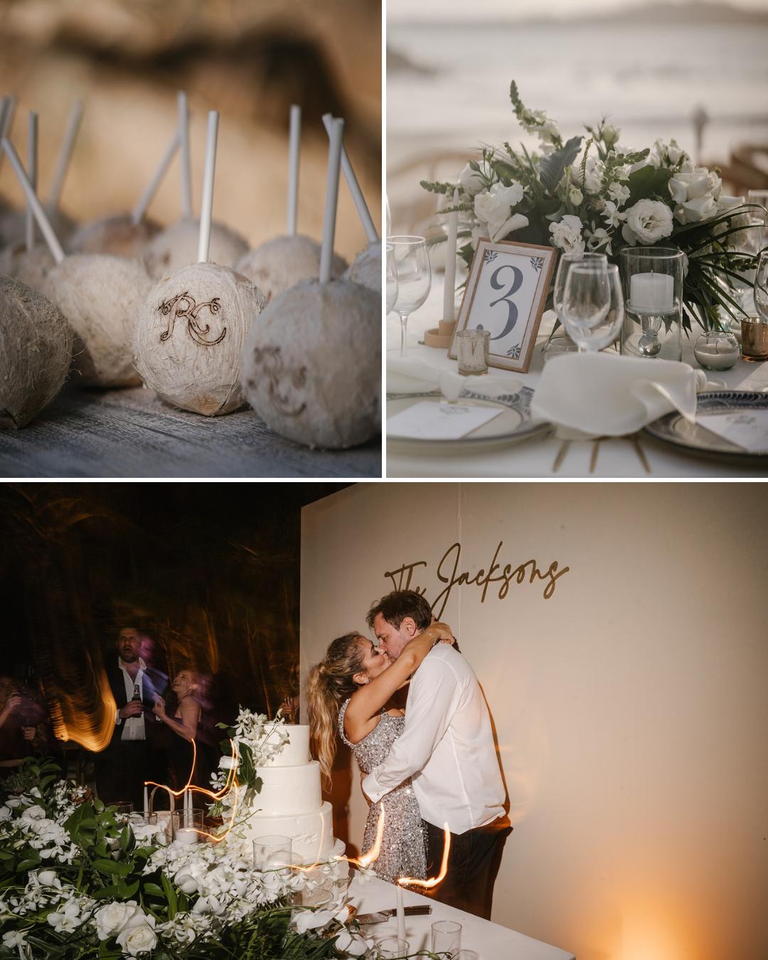A collage of three wedding images: personalized coconuts with straws, an elegant table setting with a "Table 3" sign, and a couple kissing in front of a wedding cake.