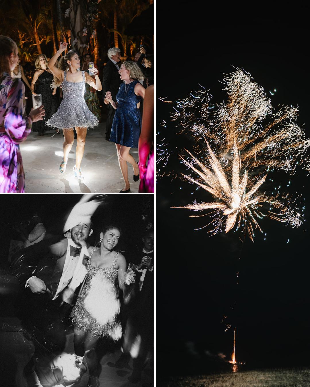 Three images: people dancing at a party, a group posing and dancing in black and white, and a large firework exploding in the night sky.