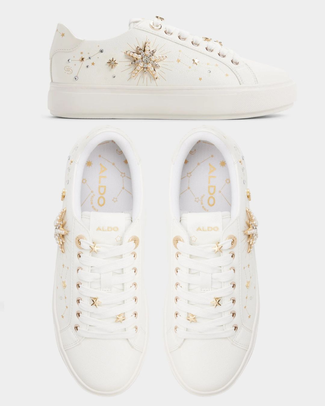 White low-top sneakers with gold star and sunburst embellishments, shown from the side and top views on a plain background.