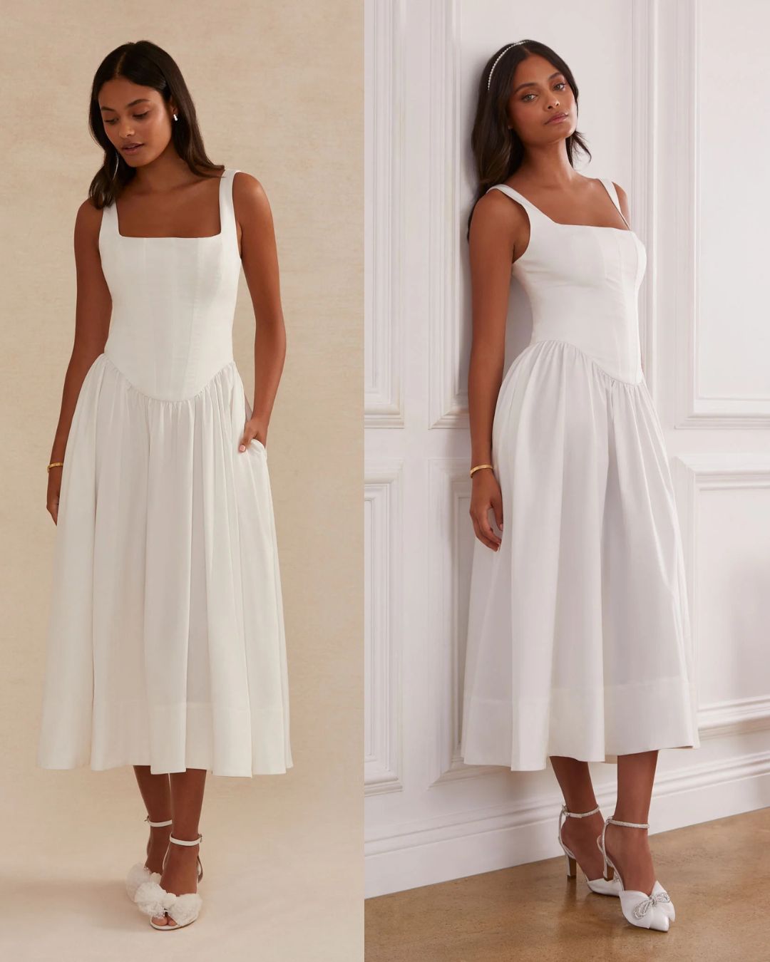 A woman wearing a sleeveless, square-neck white midi dress with a fitted bodice and pleated skirt, paired with white heels, stands against a neutral background and a white paneled wall.
