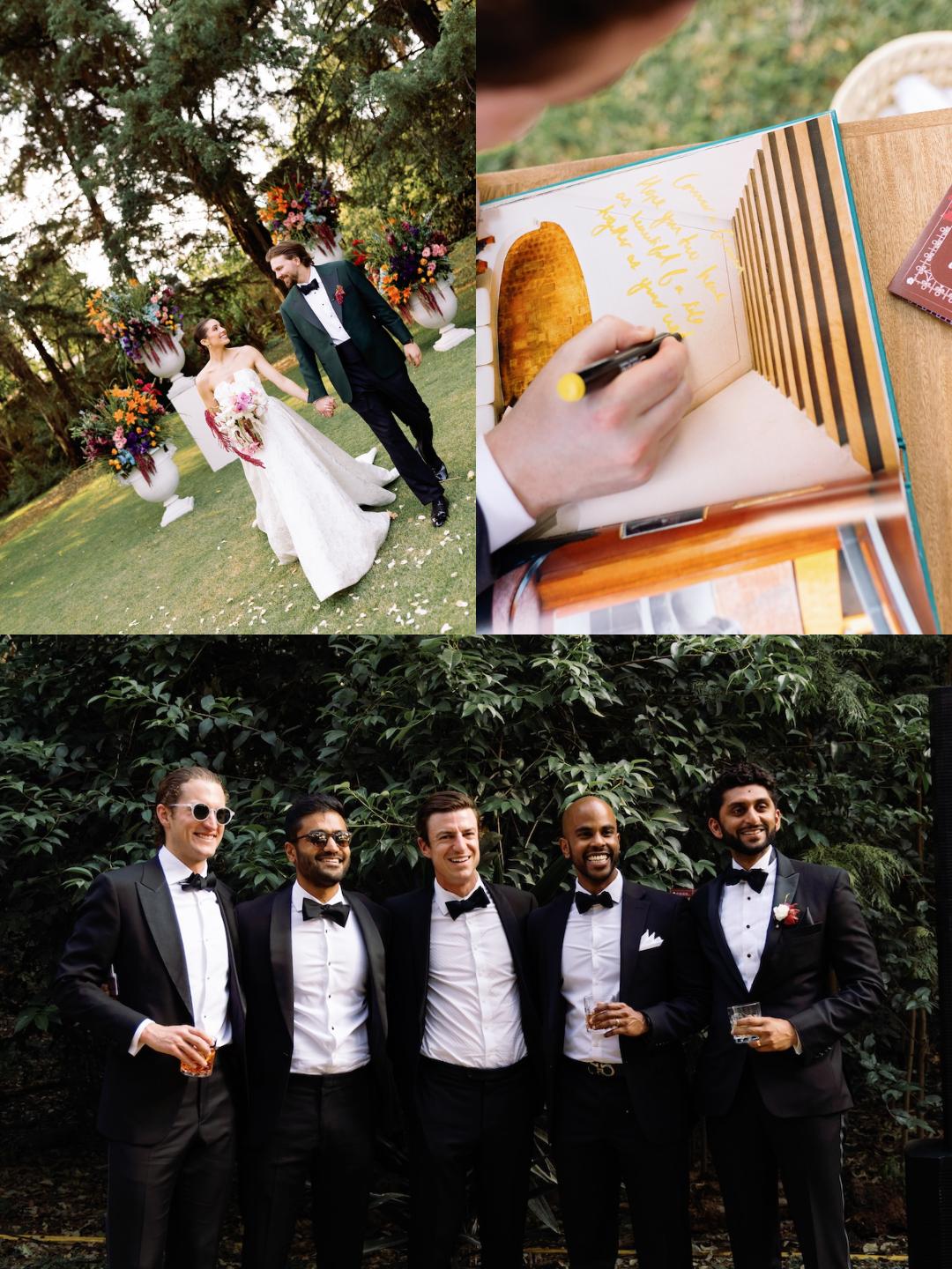 A collage of three images: a bride and groom walking outdoors, a hand writing in a guest book, and five men in suits posing together.