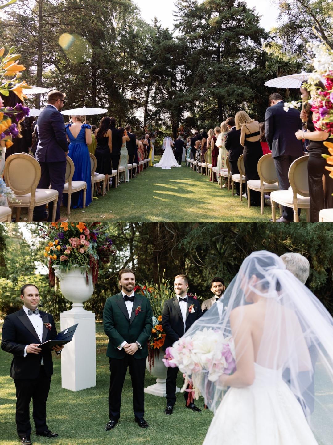 Two photos of an outdoor wedding ceremony: guests seated along an aisle, and a bride in a white dress walking toward the groom and officiant.