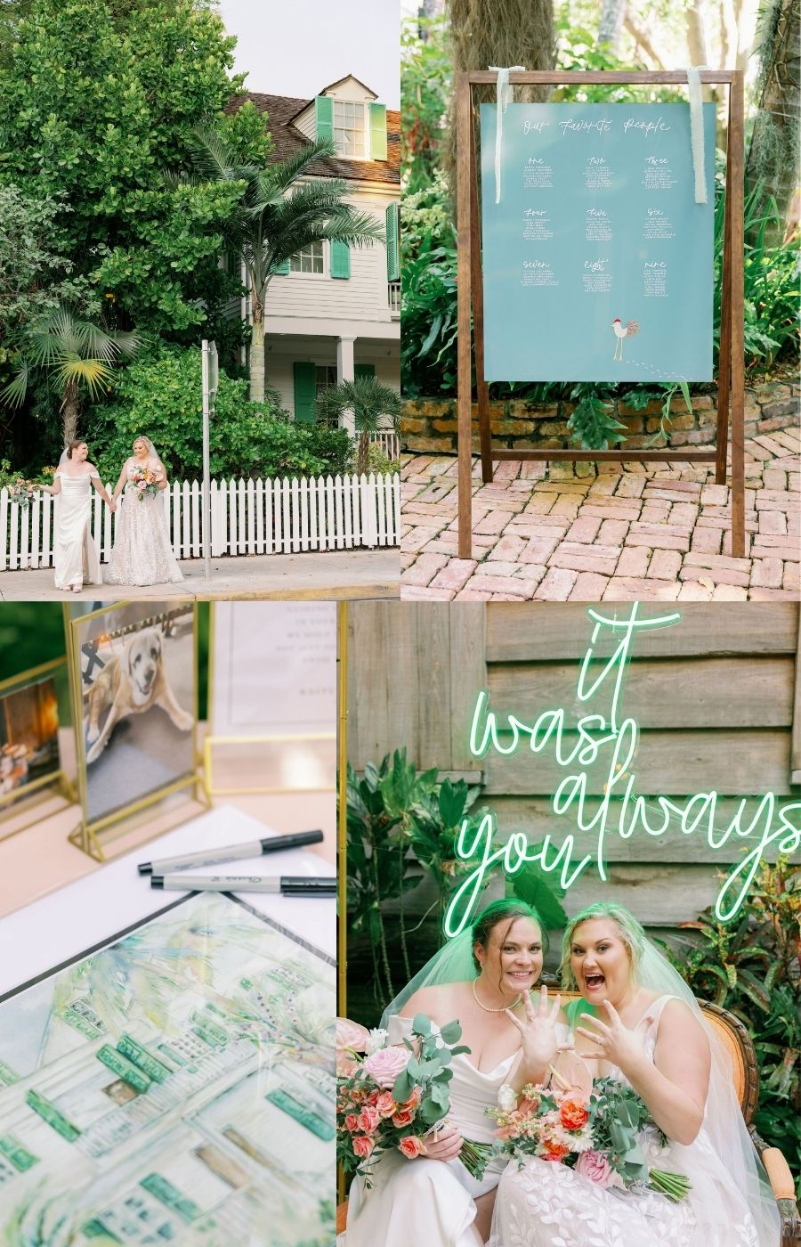 Collage of a wedding: two brides outside a house, a seating chart, wedding decor, a neon sign reading “It was always you,” and the brides holding bouquets and laughing.