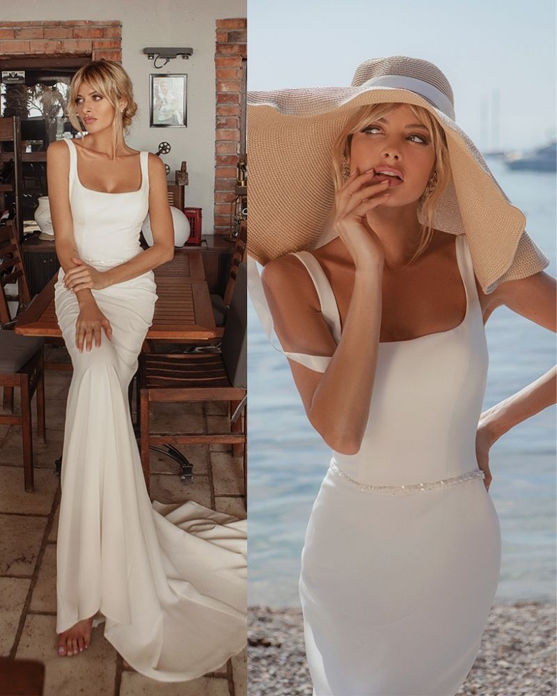 A woman in a fitted white dress poses indoors next to a dining table and outdoors by the water wearing a wide-brimmed hat.