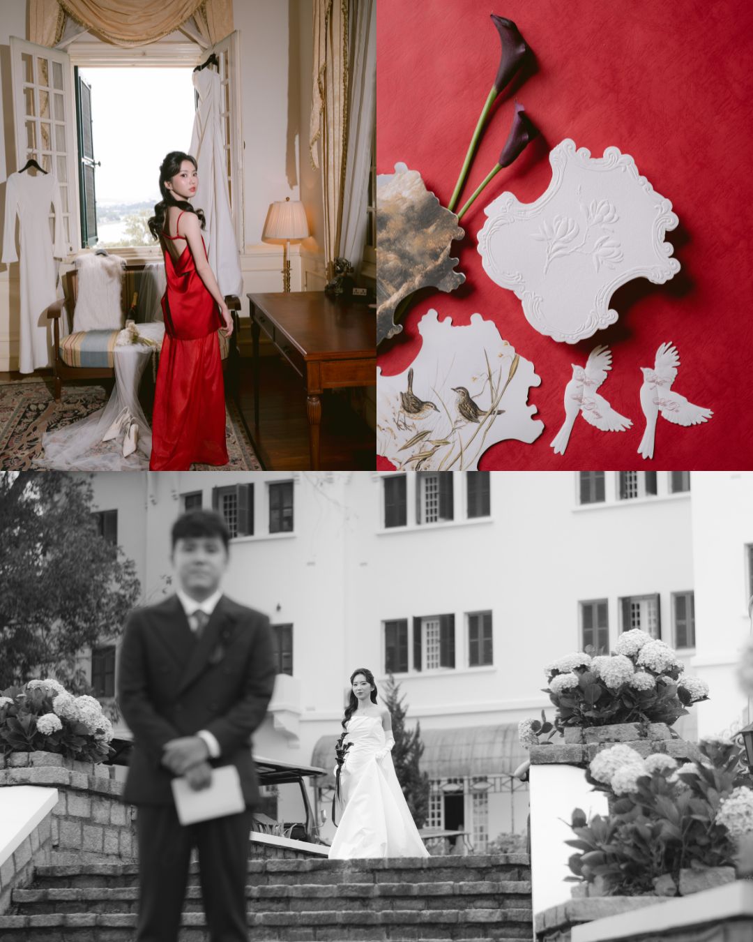 A collage shows a woman in a red dress indoors, wedding-themed items on red fabric, and a bride in white with a man in a suit outdoors near a white building.