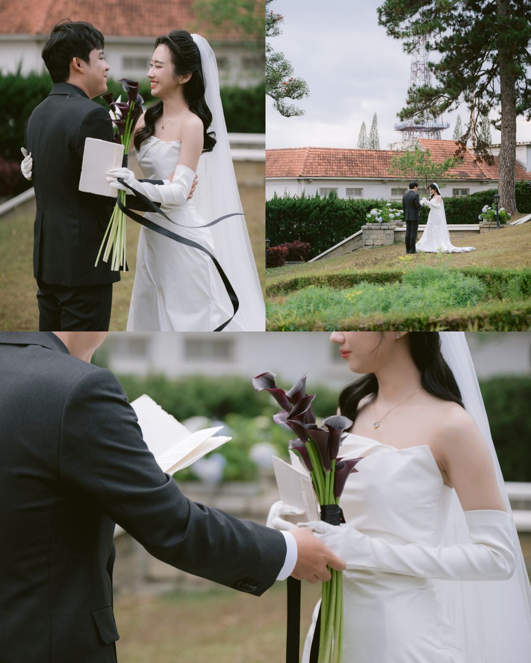 A bride and groom stand outdoors exchanging vows. The bride wears a white dress and gloves, holding dark flowers; the groom is in a dark suit. The ceremony takes place on a lawn.