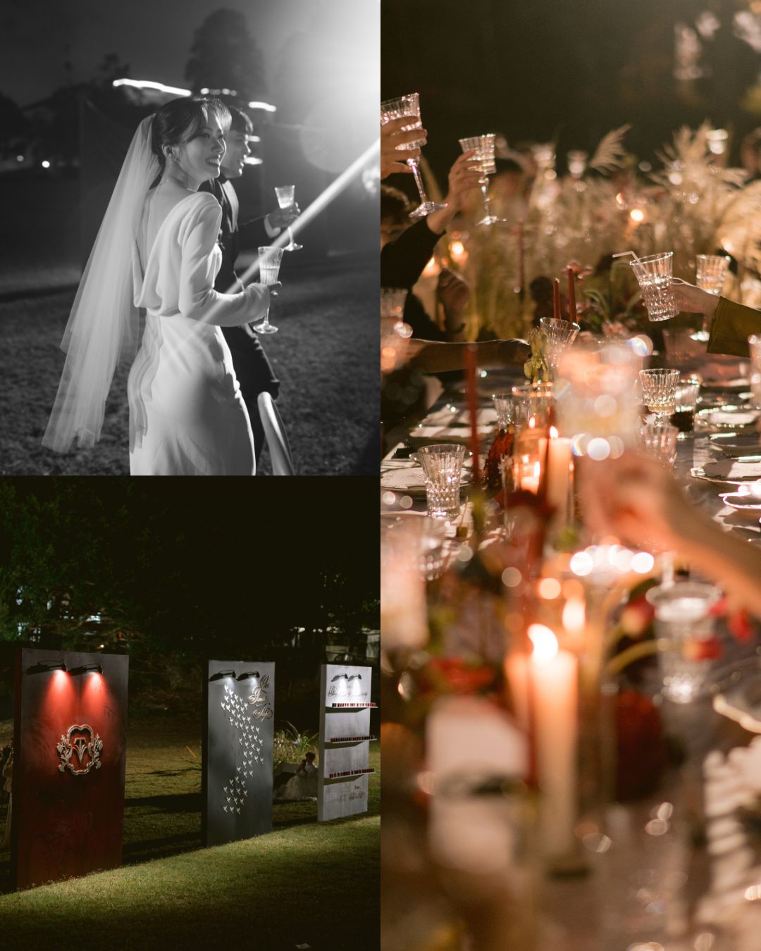 Three wedding scenes: a bride and groom toast with sparklers, a candlelit dinner table, and a decorative outdoor display with illuminated signs at night.