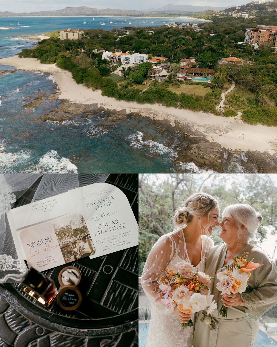 Aerial view of a coastal resort, wedding invitations and rings on a table, and a bride and her mom smiling and holding bouquets.