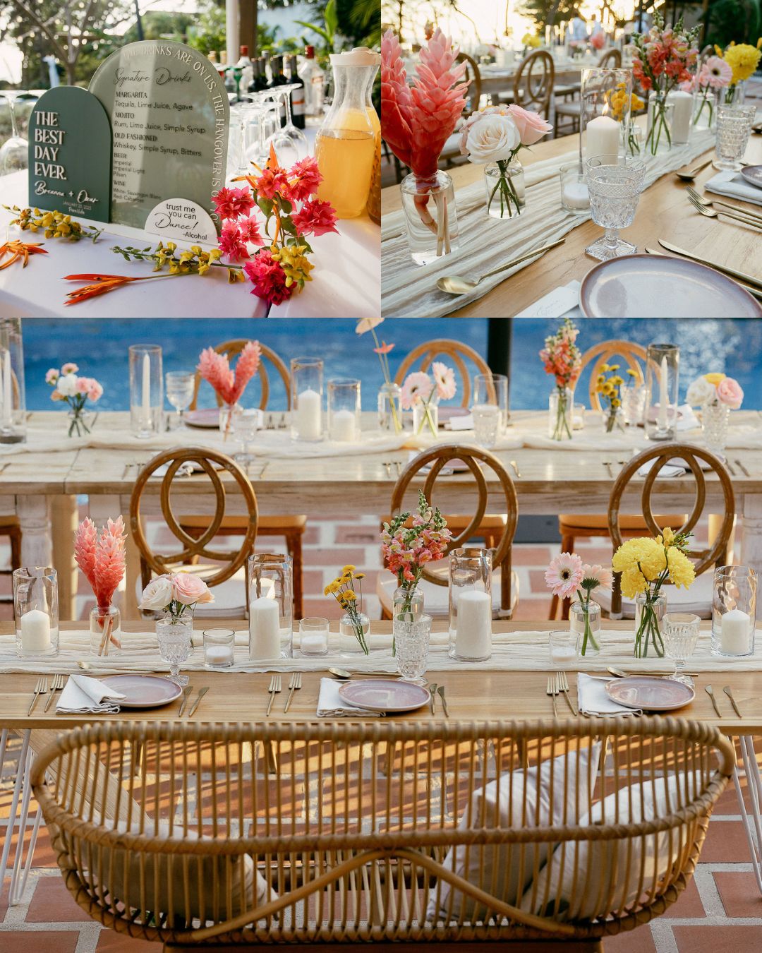 A wedding reception setup with floral centerpieces, candles, elegant tableware, and rattan seating, featuring pastel colors and decorative signage.
