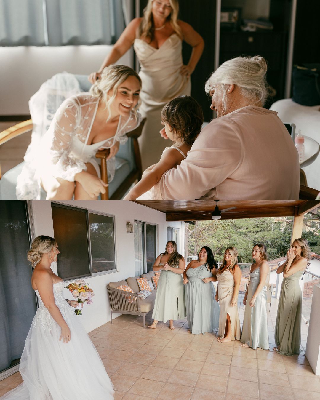 A bride interacts with a child and older women indoors in the top image; in the bottom image, the bride stands outside facing a group of bridesmaids in pastel dresses.
