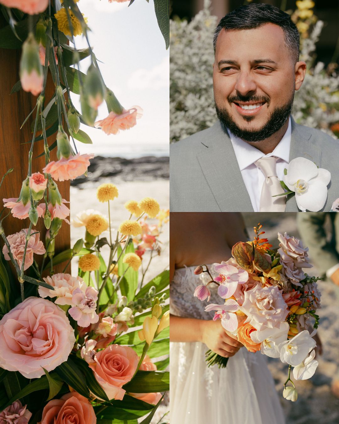 A collage showing wedding flowers, a man in a suit smiling, and a bride holding a bouquet of assorted flowers.