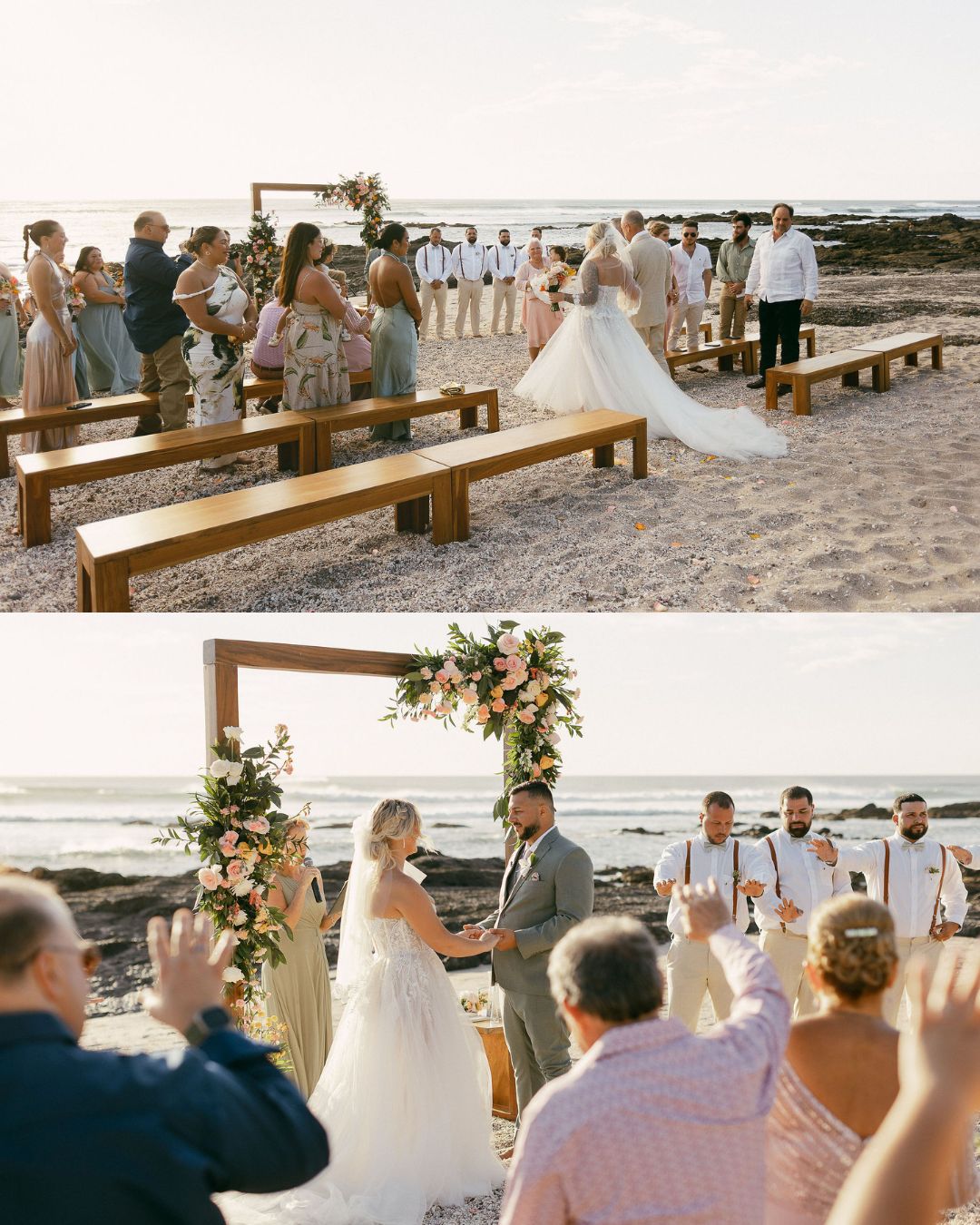 A bride walks down the aisle on a beach to meet the groom at a floral arch; guests and wedding party look on.