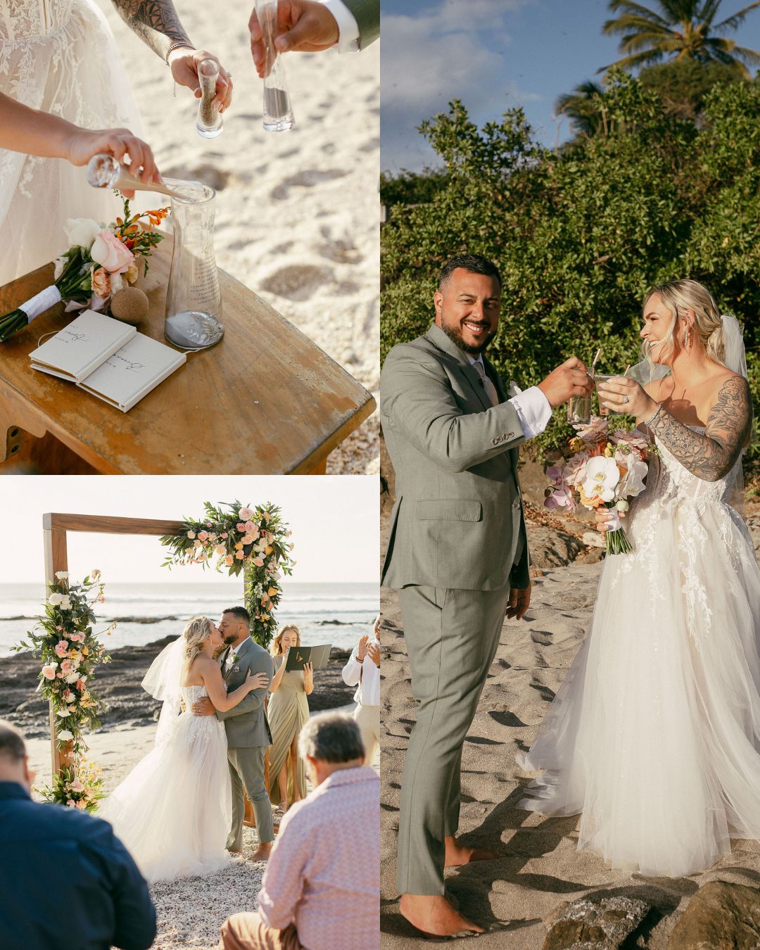 Three photos: a couple performs a sand ceremony, poses for a toast, and kisses beneath a floral arch on a beach during their wedding.