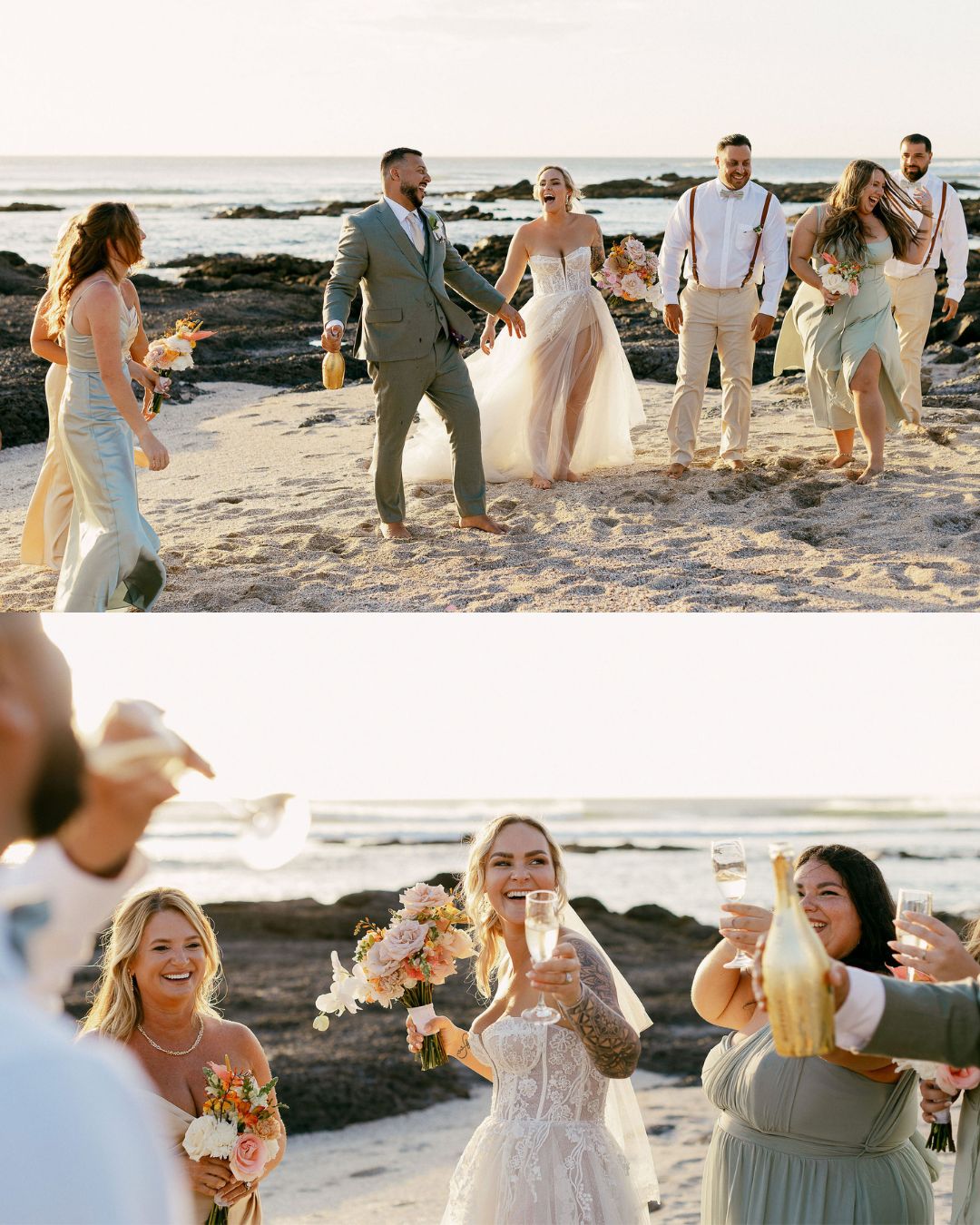 A wedding party stands and celebrates on a beach, holding drinks and smiling, with the ocean and rocks in the background.