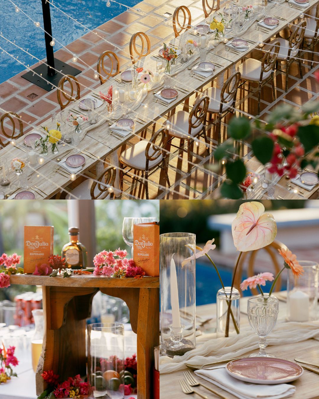 Elegant outdoor event setup featuring long tables with gold chairs, floral centerpieces, glassware, plates, menus, and decorative details near a pool.