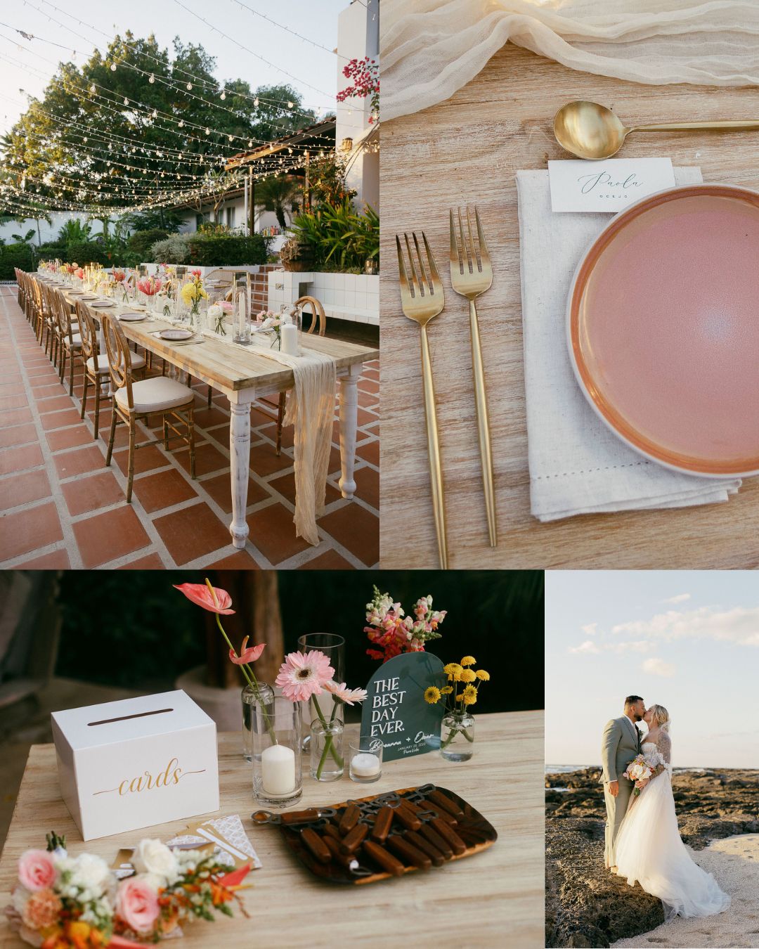 Collage showing an outdoor wedding setup: long dining table with string lights, table setting with pink plate and gold cutlery, flowers, a cards box, and a couple embracing outdoors.