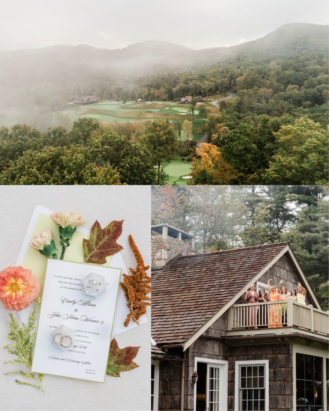 A misty mountain landscape, a flat lay of a wedding invitation with flowers and leaves, and a group of people standing on a balcony of a rustic house.