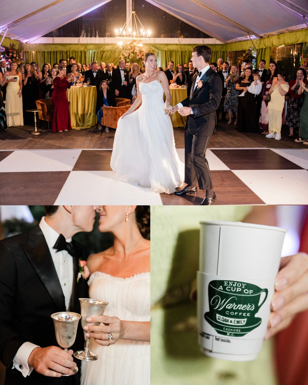 A bride and groom dance at their wedding reception; below, they toast with silver cups and a close-up shows a custom branded party cup.